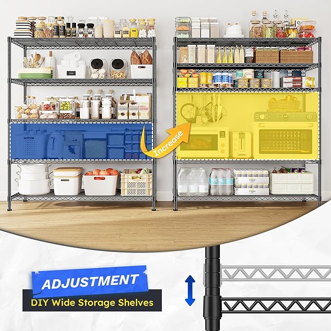2 Set of 45 W Storage Shelves 5 Tier Wire Shelving Unit Adjustable Metal Shelving Wire Shelf Pantry Shelves Wire Commercial Rack for Closet Kitchen Pantry Garage 45" Wx 13.5" Dx70.5 H Black