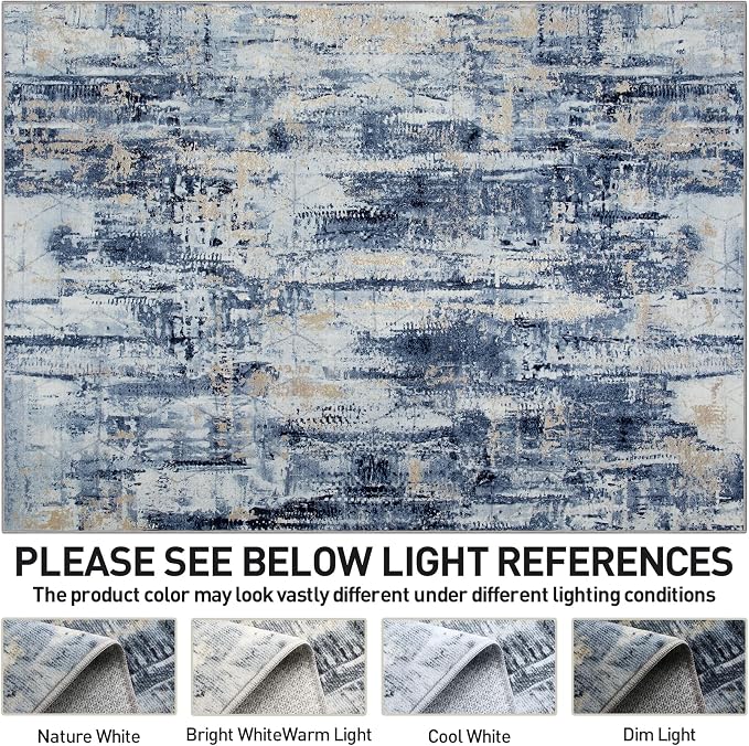 9x12 Area Rugs Washable Rug: Modern Abstract Living Room Rug Soft Anti-Skid Thin Carpet Indoor Floor Non-Shedding Carpets for Bedroom Dining Room Farmhouse Nursery Home Office Blue Gold