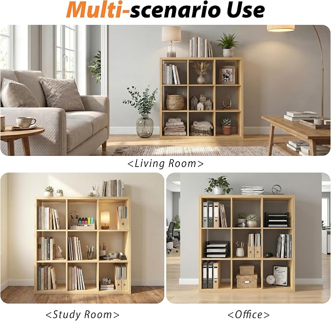 WannabeMyself【2026 Wooden Thick Frame】 9 Cube Storage Organizer with Anti-Tipping Kits, Reversible Open Back Book Shelf,Bookcase for Living Room,Bedroom,Entrance Hall,Office,11.6×36.3×36.3,Oak Color