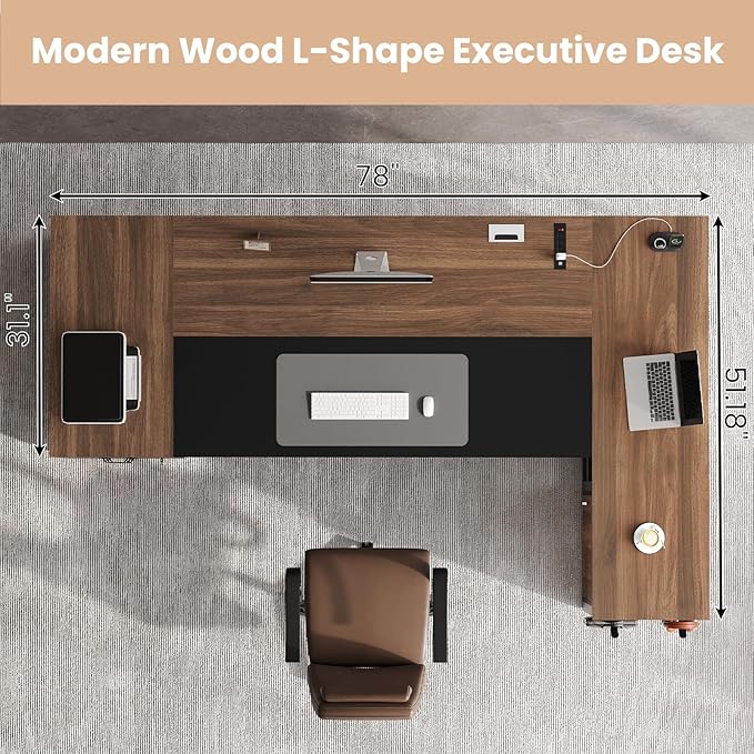 78" Executive Desk with Lockable File Cabinet, L Shaped Office Desk with Power Outlets, Large Executive Desk with Drawers and Storage Shelves , Reversible Computer Desk with Privacy Screen, Walnut