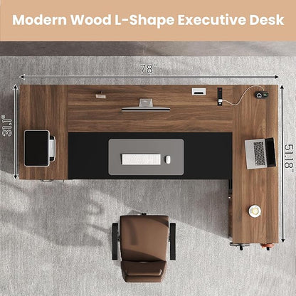 78" Executive Desk with Lockable File Cabinet, L Shaped Office Desk with Power Outlets, Large Executive Desk with Drawers and Storage Shelves , Reversible Computer Desk with Privacy Screen, Walnut