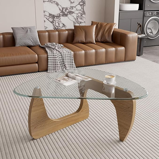 Modern Glass Coffee Table, Triangle Center Table with Tempered Glass Top& Unique Wooden Base, 35.5” Mid Century Tea Tables for Living Room, Apartment, Office,Wood &Transparent