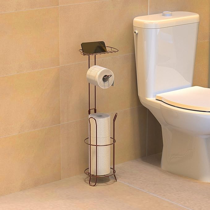 Simple Houseware Bathroom Toilet Tissue Roll Holder Stand with Cell Phone Shelf, Bronze