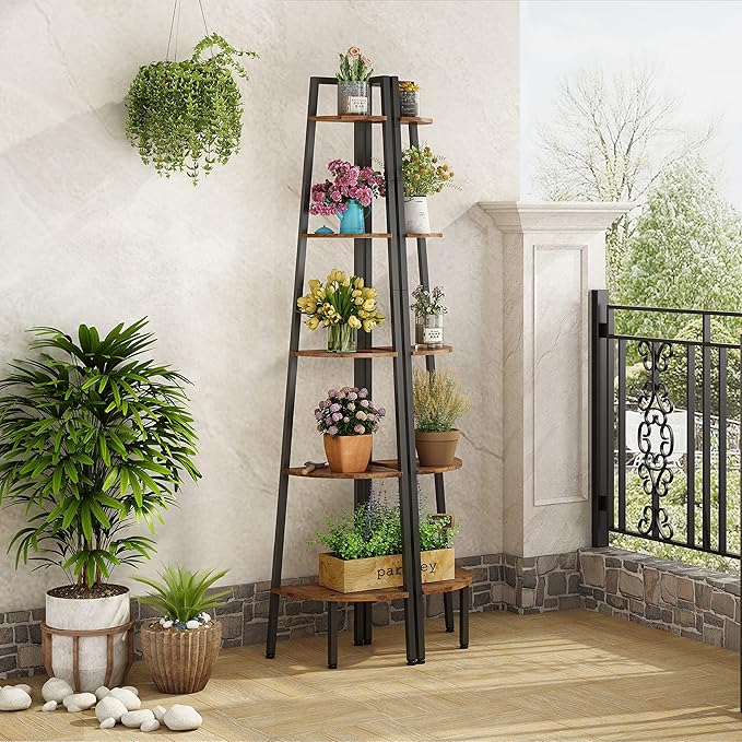 Hoctieon Corner Shelf, 5-Tier Corner Bookshelf, Rustic Ladder Shelf, Industrial Display Stand for Living Room, Kitchen, Home Office, Balcony, Small Space, Metal Frame, Rustic Brown