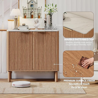 Fluted Cabinet with Storage,Metal Handle,Marble-Pattern Sideboard Buffet Cabinet,Mid Century Modern Cabinet,31.5 Inches Side Board for Dining Room Living Room Kitchen Hallway Entryway