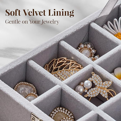 48 Grid Earring Organizer and Storage: Velvet Jewelry Tray with Lid, Jewelry Box for Studs, Earrings, Rings, Necklaces, Dresser & Vanity, Earrings Case Organizer for Girls, Women, 13"x8.6"x2.4", Grey