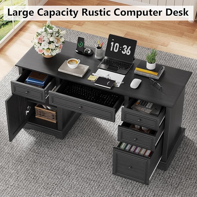 Vipbear 60" Executive Desk, Farmhouse Computer Desk with Drawers and File Cabinet, Embossed Texture Home Office Desks, Workspace for Work Study Writing, Black