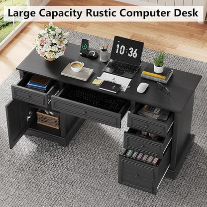 Vipbear 60" Executive Desk, Farmhouse Computer Desk with Drawers and File Cabinet, Embossed Texture Home Office Desks, Workspace for Work Study Writing, Black