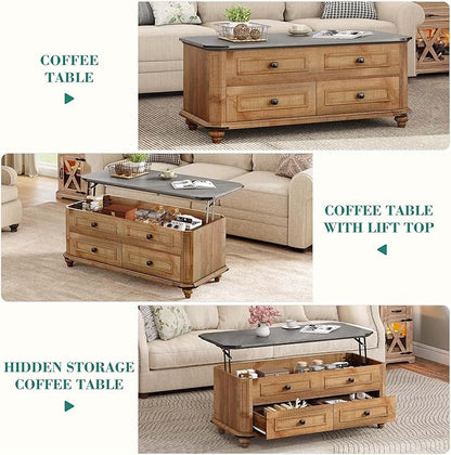 YITAHOME Lift Top Coffee Table with Storage 2 Drawers, Square Coffee Tables for Living Room, Farmhouse Coffee Table with Large Hidden Storage Compartment, Brown