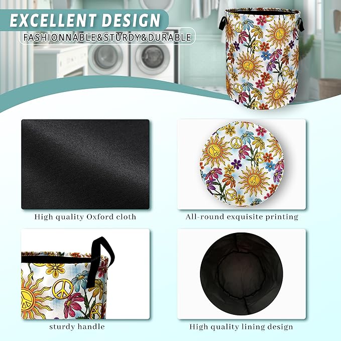 Colorful Hippie Peace Flowers Laundry Basket Foldable With Handles Tote Bag Oxford Cloth Funny Laundry Hamper Clothes Storage Bucket Toy Organizer For Bathroom/Laundry/Bedroom 18.9"x16.5 "