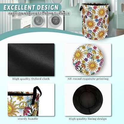 Colorful Hippie Peace Flowers Laundry Basket Foldable With Handles Tote Bag Oxford Cloth Funny Laundry Hamper Clothes Storage Bucket Toy Organizer For Bathroom/Laundry/Bedroom 18.9"x16.5 "