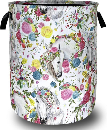 Beautiful Horse Laundry Basket Colorful Floral Animal Laundry Hamper Foldable Oxford Cloth Funny Tote Bag Clothes Toy Storage Bucket For Bathroom/Laundry Storage/Bedroom 18.9 x 16.5 Inch