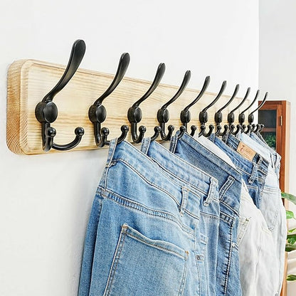 Dseap Coat Rack Wall - Heavy-Duty 38-1/4" Long, with Reinforced 10 Custom Tri-Hooks, Solid Wood Wall Hanger for Coats Hat Jackets - Rustic Farmhouse Entryway Hallway Storage, Light Brown & Black