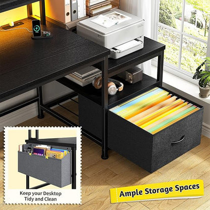 Gaming Desk with Monitor Stand,Computer Desk with LED Lights &Power Outlets,Office Desk with Drawers & Printer Shelf,Writing Table with Side Storage Bag,57" W x 20" D x 36" H,Black Desk