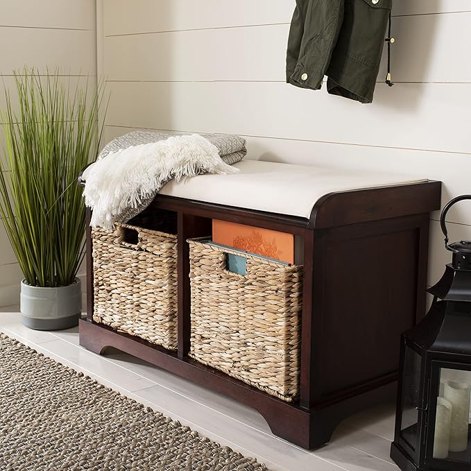 SAFAVIEH Home Collection – Freddy Cherry Storage Bench with Wicker Baskets & Cushion, Entryway Seating Bench, Fully Assembled (AMH5736E)