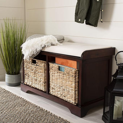 SAFAVIEH Home Collection – Freddy Cherry Storage Bench with Wicker Baskets & Cushion, Entryway Seating Bench, Fully Assembled (AMH5736E)