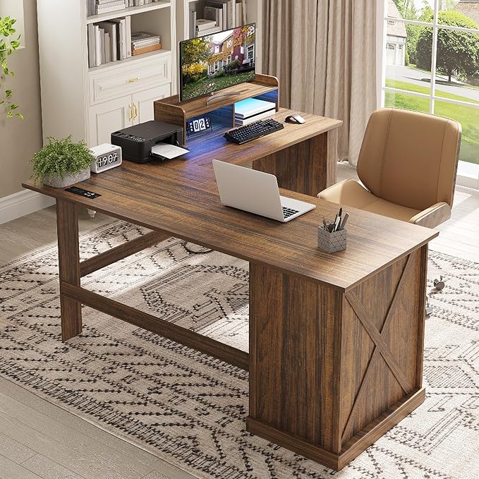 FREDEES L Shaped Desk with Movable Stand and Led Lights, 59 inch Farmhouse Home Office Desk with File Drawer, Corner Computer Desk with Power Outlets, Executive Desk for Working,Gaming, Walnut