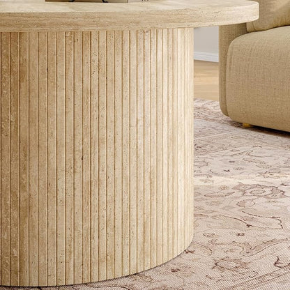 ONBRILL 31.5" Round Coffee Table, Tambour Design Coffee Tables for Living Room, Mid Century Modern Wood Coffee Table, Drum Accent Small Center Table, Travertine Texture