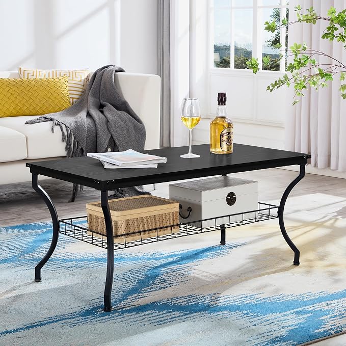 VECELO 3 Pieces Living Room Table Sets, Coffee and End Tables with Open Storage Shelves for Apartment, Home Office, Small Space, Easy Assembly, Black