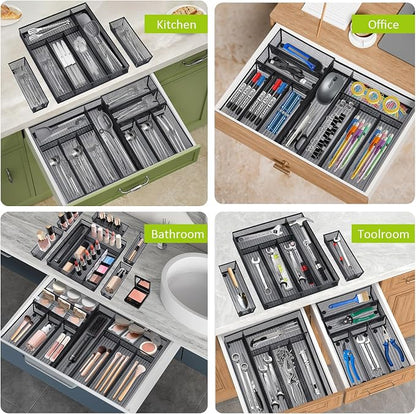 Neudeco Drawer Organizer Set, Black Mesh, 6 Pack | 5-Compartment Silverware Organizer Tray, 5 Utensil Trays, For Flatware, Cutlery, Office Supplies, Non-Slip
