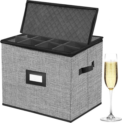 Champagne Flute Storage Box,Quilted Stemware Storage Box Hard Shell,Stackable Champagne Glass Container,Wine Glass, Crystal Glassware, Drinkware Case for Moving Transport(Grey)