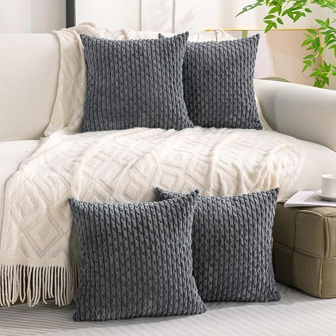 Set of 4 Medium Grey Taupe Decorative Throw Pillow Covers 26x26 Inch Corduroy Pillow Covers for Bed Couch Sofa Living Room Soft Square Cushion Cases