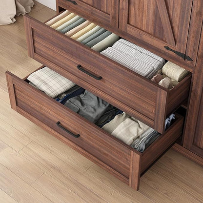3 Doors Wardrobe Armoire Closet with Doors and Drawers, Farmhouse Wooden Armoire Storage Cabinet with Shelves & Hanging Rod for Bedroom, Brown