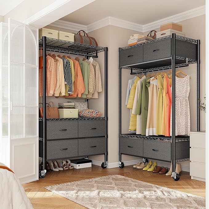 Raybee Clothes Rack Heavy Duty Clothing Rack with Rolling Wheels & 4 Drawers, Clothing Racks for Hanging Clothes with Drawers, Black