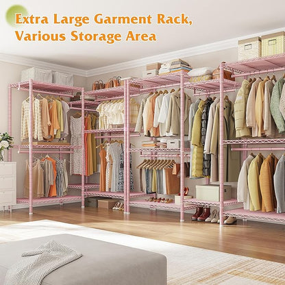 Raybee Clothes Rack, Clothing Racks for Hanging Clothes, L Shaped Clothing Rack for Corner 900LBS Heavy Duty Clothes Rack Garment Rack 74.5" W X 18" D X 77" H, Pink