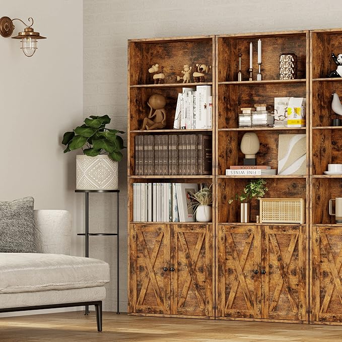 IRONCK Industrial Bookshelves and Bookcases with Doors Floor Standing 6 Shelf Display Storage Shelves 70 in Tall Bookcase for Home Office, Living Room