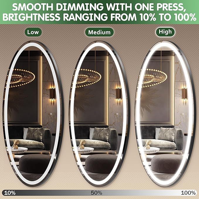 FENNIO 70" x 36" Large Wall Mounted Mirror with LED Lights, Oval Full Length LED Lighted Full Body Dressing Mirror for Bedroom, Salon, Brushed Aluminum Frame, Tempered Glass