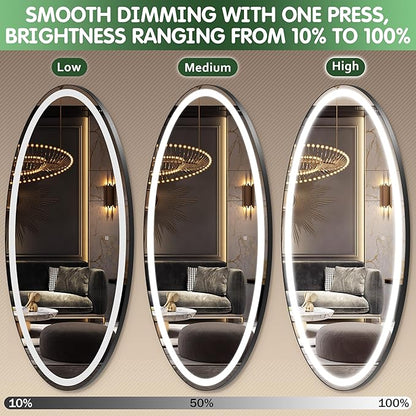 FENNIO 70" x 36" Large Wall Mounted Mirror with LED Lights, Oval Full Length LED Lighted Full Body Dressing Mirror for Bedroom, Salon, Brushed Aluminum Frame, Tempered Glass