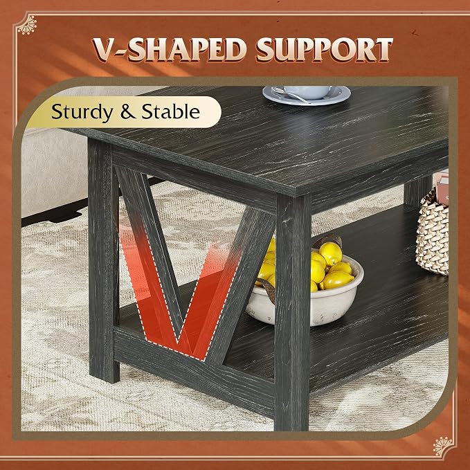 WLIVE Coffee Table with Storage Shelf, 39.4" Farmhouse Coffee Table with V-Frame Support, 2-Tier Wood Rustic Center Table for Living Room, Bedroom & Balcony, Charcoal Black