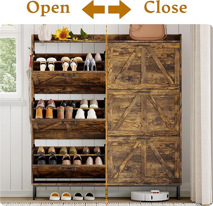 Shoe Cabinet Storage for Entryway, Shoe Storage Cabinet with 6 Flip Drawers, Freestanding Narrow Shoe Rack Organizer with Metal Legs for Foyer, Hallway, Brown