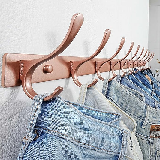 SKOLOO Coat Rack Wall Mounted - 10 Hooks, Heavy Duty, Stainless Steel, Metal Wall Hanger, Sturdy Coat Hooks for Hanging Coats, Jacket, Clothes, Hat, Matte Rose Gold