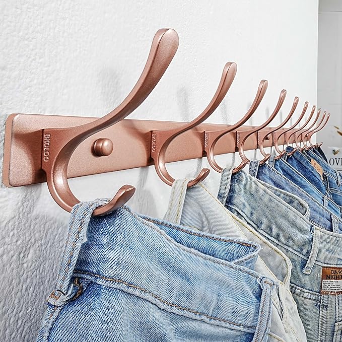 SKOLOO Coat Rack Wall Mounted - 10 Hooks, Heavy Duty, Stainless Steel, Metal Wall Hanger, Sturdy Coat Hooks for Hanging Coats, Jacket, Clothes, Hat, Matte Rose Gold