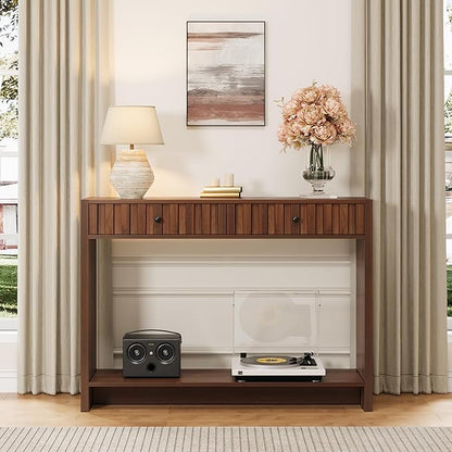 AVZEAR Entryway Console Table with Fluted Drawers, Mid Century Entryway Table with Storage, 43" Long Couch Table Behind Sofa Narrow Sofa Table Console Tables for Living Room Hallway Entrance, Walnut