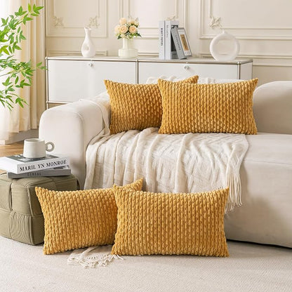 Set of 4 Mustard Yellow Decorative Throw Pillow Covers 12x20 Inch Corduroy Pillow Covers for Bed Couch Sofa Living Room Soft Cushion Cases