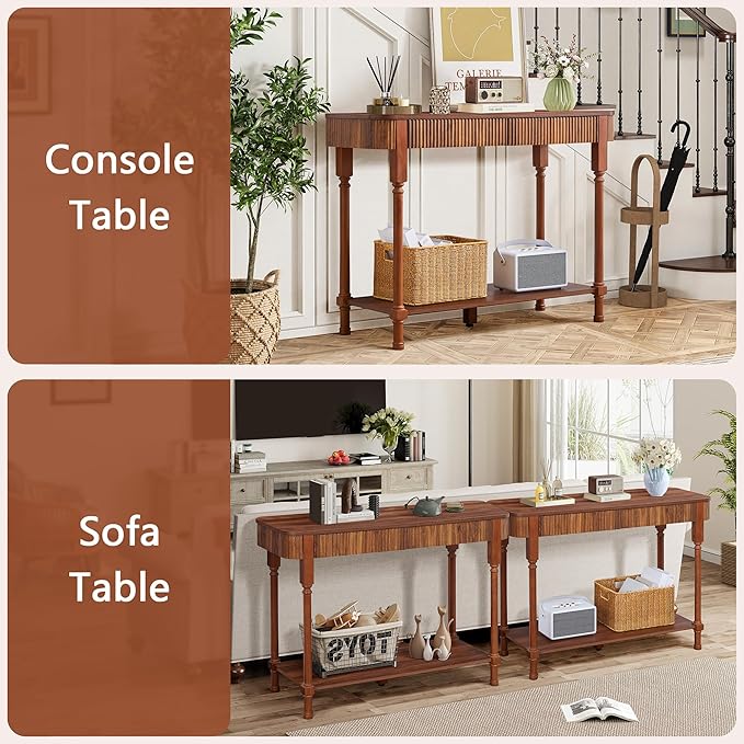 Fluted Console Table for Entryway, 43.3'' Narrow Entryway Tables with 2 Wooden Drawers, Retro Sofa Table Behind Couch Accent Tables for Foyer, Living Room, Hallway (Walnut)