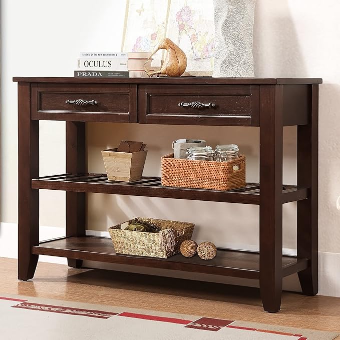 LKTART Solid Wood Console Table Sofa Tables with Drawers and Shelves Small Entryway Table for Living Room,Decorative,Foyer(42" Espresso)