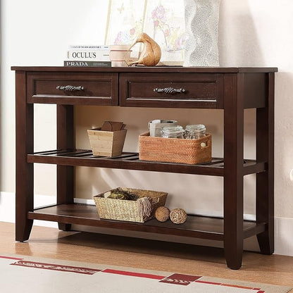 LKTART Solid Wood Console Table Sofa Tables with Drawers and Shelves Small Entryway Table for Living Room,Decorative,Foyer(42" Espresso)