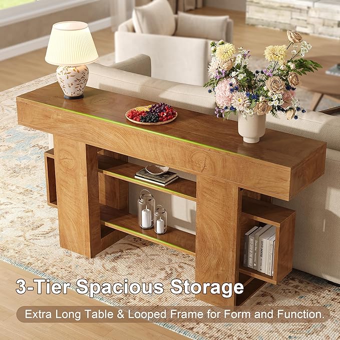 Feonase 63 Inches Long Console Table for Entryway, Wooden Sofa Table Behind Couch with 3-Tier Storage, Farmhouse Narrow Entry Hallway Table for Living Room Foyer Entrance, Natural