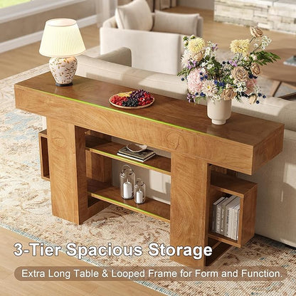 Feonase 63 Inches Long Console Table for Entryway, Wooden Sofa Table Behind Couch with 3-Tier Storage, Farmhouse Narrow Entry Hallway Table for Living Room Foyer Entrance, Natural