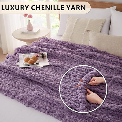 L'AGRATY Chunky Knit Blanket Throw: 50''x60'' Chenille Chunky Knitted Throw Blankets for Bed Couch - Handmade Thick Big Cable Knit Blanket - Large Crochet Rope Blankets for Home Decor(Deep Purple)