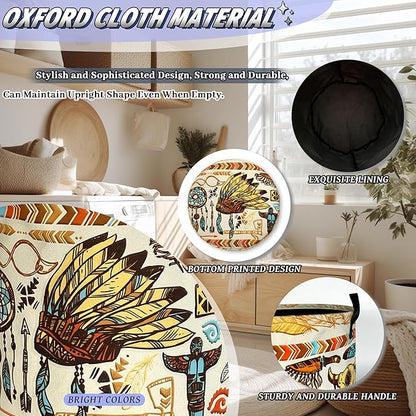 Feather Printed Laundry Basket Oxford Cloth Foldable Boho Laundry Hamper With Handle Portable Clothes Storage Organizer Basket 18.9x16.5Inch Laundry Bag For Laundry Room/Bedroom/Bathroom/Dormitories