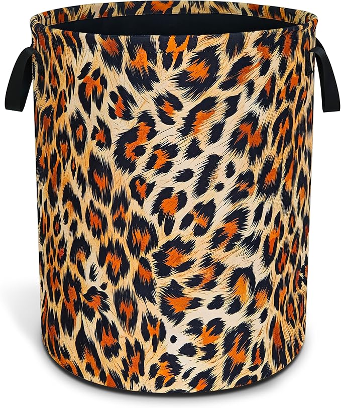 Brown Black Leopard Print Laundry Basket Funny Foldable Waterproof Oxford Cloth Tote Bag Laundry Hamper Large Clothes Storage Bucket Toy Organizer For Bathroom/Laundry Storage/Bedroom 18.9x16.5 Inch