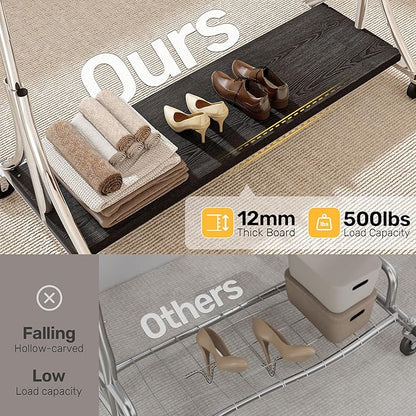 HOKEEPER Clothes Rack with Wood Shelves Height Adjustable Clothing Rack with Lockable Wheels 500LBS Portable Wooden Garment Closet for Bedroom, Living Room, Laundry, Balcony, Silver