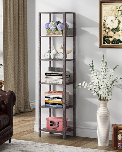 TUTOTAK Bookshelf, 6-Tier Tall Book Shelf, Narrow Bookcase for Small Space, DIY Stackable Bookshelf, for Living Room, Office, Study, Entryway, Industrial, Charcoal Grey BS01BY006