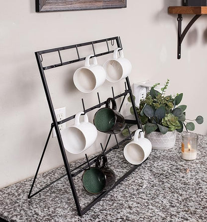 BIRDROCK HOME 14-Hook Mug Rack - Free Standing or Wall Mountable - Coffee Tea Cup Glass Storage Holder - Coffee Bar Display Décor - Decorative Kitchen Organizer - Flat Black Metal Steel