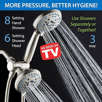 Hotel Spa AquaCare As-Seen-On-TV High Pressure 48-setting Rain & Handheld 3-way Shower Head Combo - Anti-clog Nozzles/Tub, Tile & Pet Power Wash/Extra Long 6 ft. Hose/Satin Nickel Finish